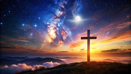 Fototapeta premium Night Photography: Illuminated Cross Silhouette Against Starry Sky