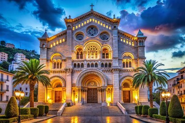 Fototapeta premium Night Photography: Notre Dame Immaculee Church, Monaco-Ville, April - Majestic Night Scene