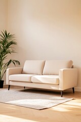 Japandi living room with a cozy beige couch and a potted plant, exuding a warm and minimalist aesthetic.