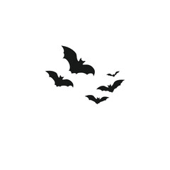 Silhouette of a crescent moon with flying bats on a white background