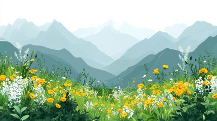Fototapeta premium Serene Mountain Valley Landscape with Abundant Wildflowers in Bloom