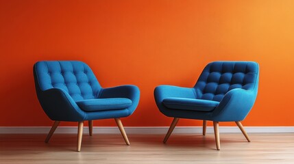 Fototapeta premium Two minimalist blue armchairs in scandinavian style, orange background