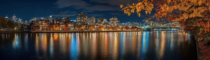 Fototapeta premium A stunning night panorama showcasing a vibrant city skyline reflecting on the calm water, framed by warm autumn leaves under a starry sky.