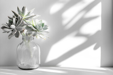 Fototapeta premium Succulent arrangement in a clear jar casting soft shadows on the wall