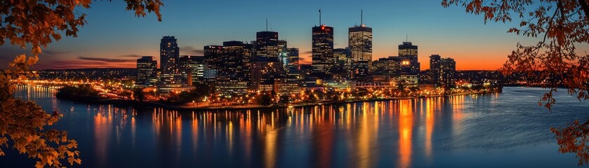 Obraz premium A stunning panoramic view of a vibrant city skyline at dusk, showcasing illuminated skyscrapers reflecting on a calm river.