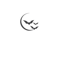 Silhouette of a crescent moon with flying bats on a white background