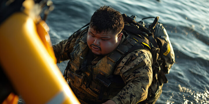 Close-up of Soldier Emerging from Water - Powered by Adobe