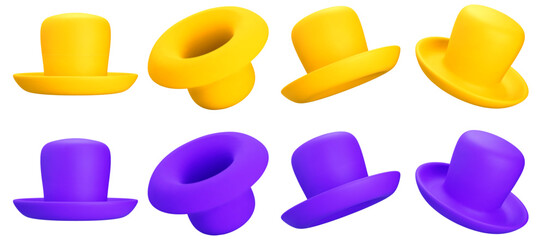 3d yellow and purple top set hat. Stock vector illustration on isolated background.