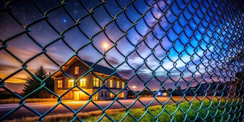 Night School Through Chain Link Fence - Dramatic Urban Photography
