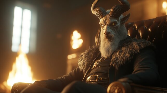 A demon with horns sits majestically on a throne amidst flames, capturing a cinematic and intense atmosphere in 8k resolution.