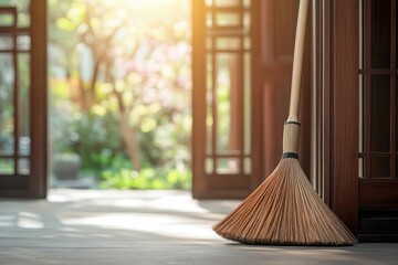 Broom Leaning Against an Open Doorway