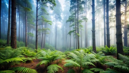 Naklejka premium Misty forest landscape with tall trees and ferns in the foreground, fading into a soft blur as it recedes into the distance, greenery, wilderness