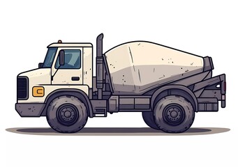 A white concrete mixer truck on the side, in a clip art style, simple, on a white background, with no shadows, high in detail, and no shading.