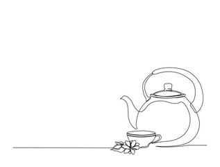 Continuous one line drawing of kitchen teapot - tea pot.  A cup of tea and teapot in single line draw illustration. Editable stroke.