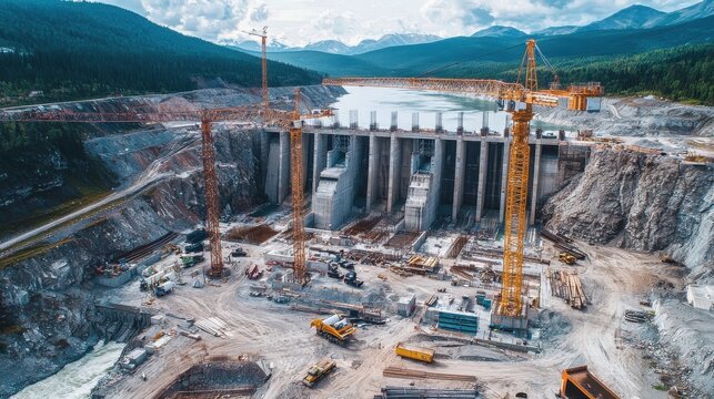 Aerial view of a large construction site featuring cranes and machinery, showcasing the process of building a dam in a mountainous landscape.