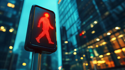 Cyberpunk City Street with Red Traffic Light, Pedestrian, Towering Skyscrapers, Neon Lights, Dystopian Urban Landscape, Moody Lighting, Reflective Surfaces, Rain-Slicked Streets