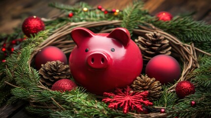 Festive Holiday Arrangement Featuring a Charming Red Piggy Bank Surrounded by Christmas Ornaments, Pine Cones, and Evergreen Foliage on Rustic Wooden Table
