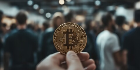 Holding a bitcoin in a crowded cryptocurrency event at a convention center during the day