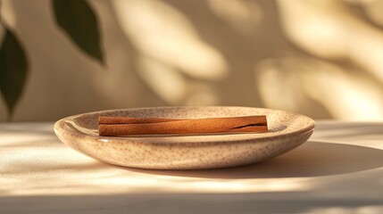 A single cinnamon stick lying on a ceramic dish with soft natural light picture