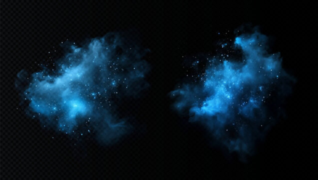 Amazing misty effect with shimmering smoke blue and sparkling tiny stars. A glowing fog filled with luminous particles, blue vapor sprinkled with stardust.