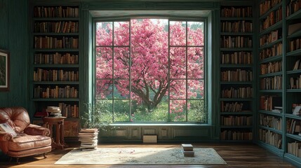 Serene Library View Featuring Blooming Pink Tree