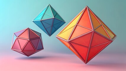 This image showcases three distinct, geometric 3D shapes rendered in a low-poly style