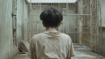 Obraz premium A solitary child in a dilapidated room, reflecting on isolation amidst rusty cages and shadows