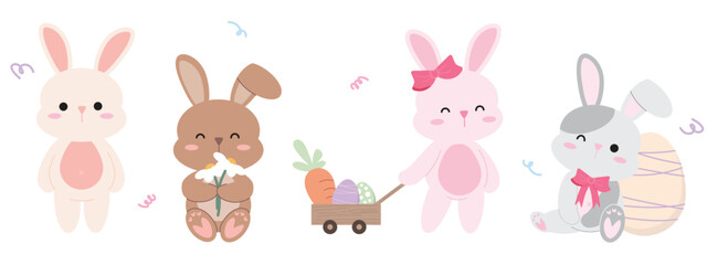 Cute Easter rabbits illustration collection. Pastel cartoon characters of happy bunnies set with Easter eggs, flowers and vegetables cart.