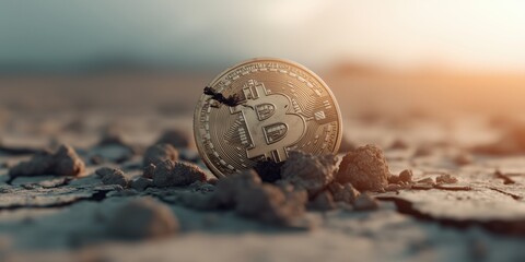 Bitcoin coin resting on cracked soil during sunset with golden light illuminating the scene