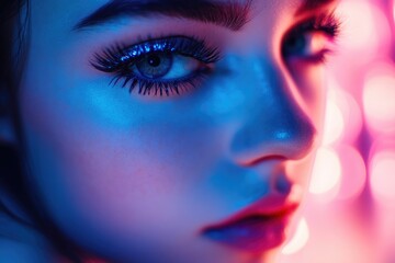A close-up shot of a woman's face with blue makeup, great for use in beauty or fashion contexts