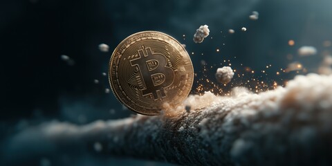Bitcoin coin rolls through a cloud of dust and sparks in a dark digital environment