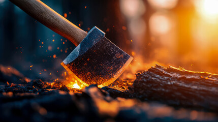 Glowing Axe Head in Embers: A Dramatic Close-up of a Wood Axe in a Campfire at Sunset