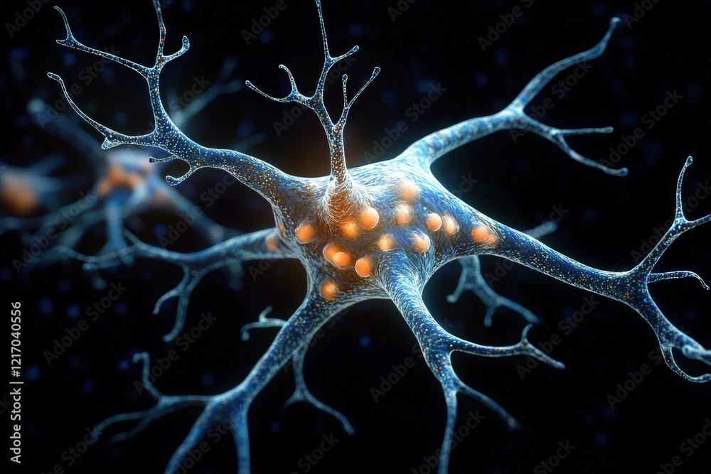 Poster 3d representation of neuron and synapse in human brain highlighting complex neural connections and i