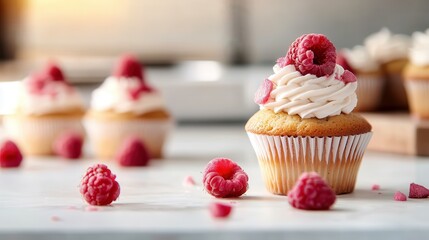 Cupcakes beautifully decorated with luscious raspberries showcase a delightful treat, inviting indulgence and highlighting the joy of sweet creations for gatherings.