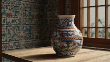A Beautifully Crafted Ceramic Vase with Vibrant Patterns and Colors, Perfectly Displayed in a Modern Interior Setting to Evoke a Sense of Aesthetic Warmth and Cultural