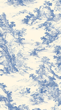 Blue Toile De Jouy: An intricate and elegant blue toile de jouy pattern features a repeating motif of trees, hills, and figures, creating a picturesque and timeless design.