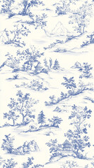 Obraz premium Blue and White Toile Landscape: A delicate blue and white toile pattern features a charming landscape of mountains, trees, and houses, creating a serene and classic backdrop.