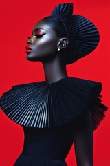 A striking Black Friday banner featuring a model in high-fashion attire with bold black pleats, set against a vibrant red background, emphasizing elegance and allure.