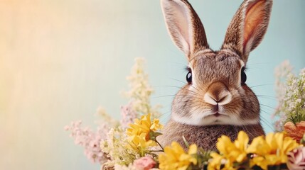 Obraz premium A delightful rabbit sits amidst a colorful array of flowers, embodying the charm of nature in springtime, evoking feelings of joy, innocence, and tranquility in a beautiful setting.