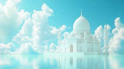 Obraz premium White palace on tranquil water, surrounded by clouds.