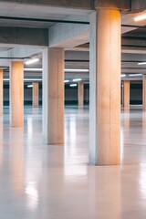 Fototapeta premium An empty underground space with smooth concrete pillars and reflective flooring illuminated by blue and warm lighting, creating a serene and modern atmosphere.