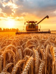 Fototapeta premium Wheat harvest at sunset with a combine harvester in a golden field
