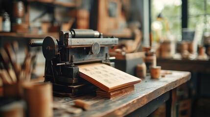 Fototapeta premium Vintage Rustic Woodworking Workshop with Antique Tools and Equipment on Wooden Workbench