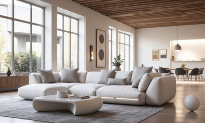 Fototapeta premium A smart modular sofa with adjustable seating arrangements and built-in speakers. It has an integrated heating and cooling system that adjusts based on