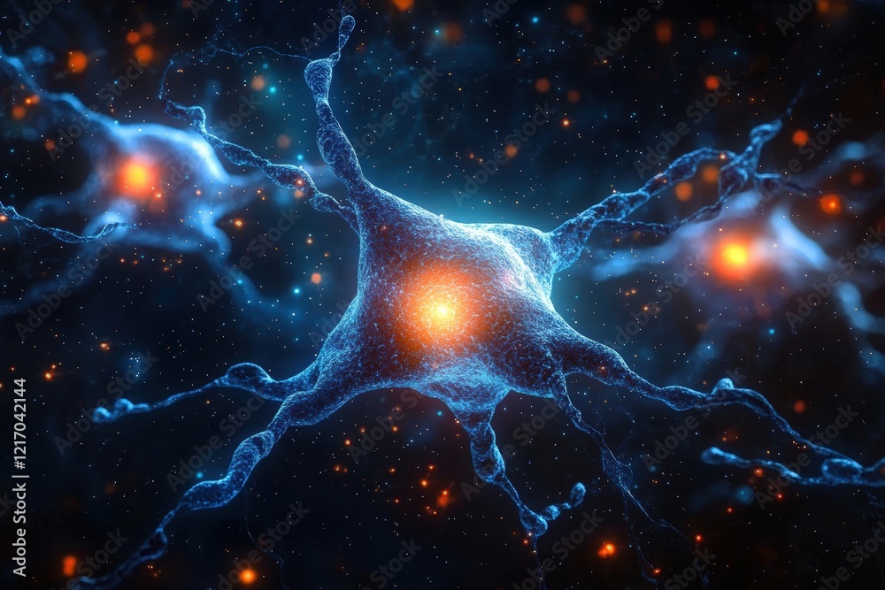 Poster 3d visualization of a neuron and synapse connections in the brain, showcasing neural activity and co