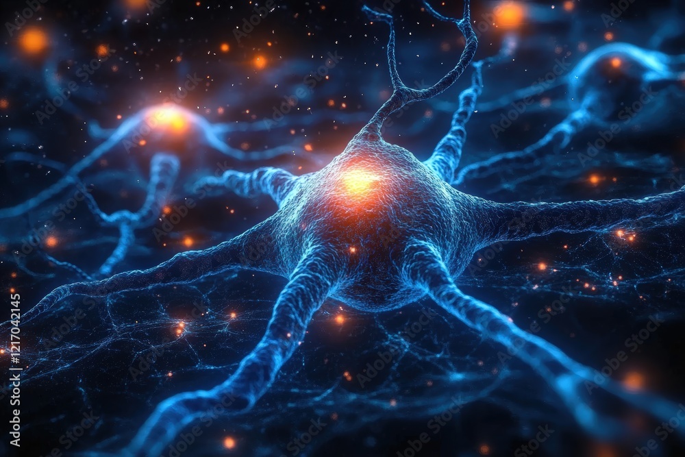Poster 3d visualization of neurons and synapses in the human brain representing complex neural interactions