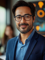 Obraz premium In a bright office space, a confident manager in a blue blazer stands proudly, exuding creativity and inspiration among a backdrop of graphs and ideas