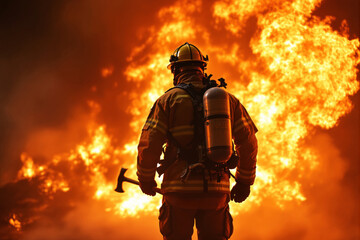 Firefighter standing against a blazing fire in protective gear with an axe in hand.