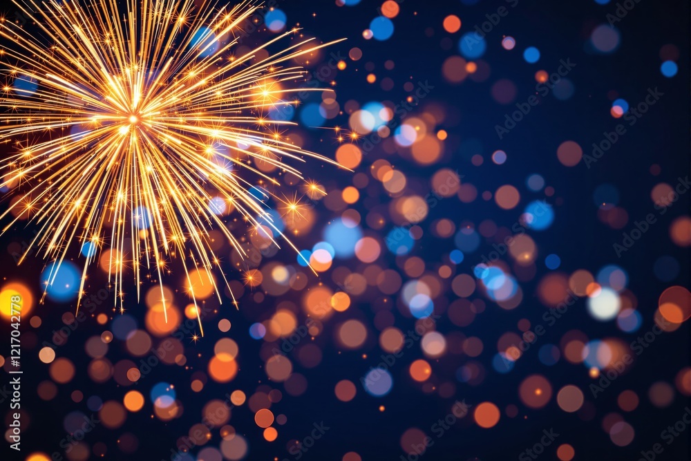 Aufkleber bright fireworks explosion with glowing bokeh lights on dark background.
