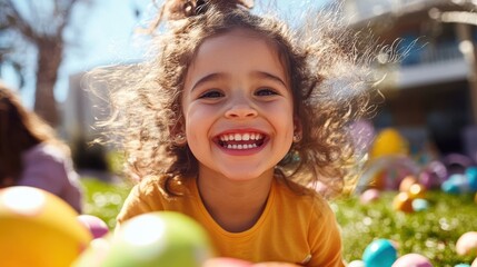 Fototapeta premium A delighted little girl reveling in an Easter egg hunt, laughing and playing among vividly colored eggs, embodying the joy and excitement of childhood outdoor adventures.